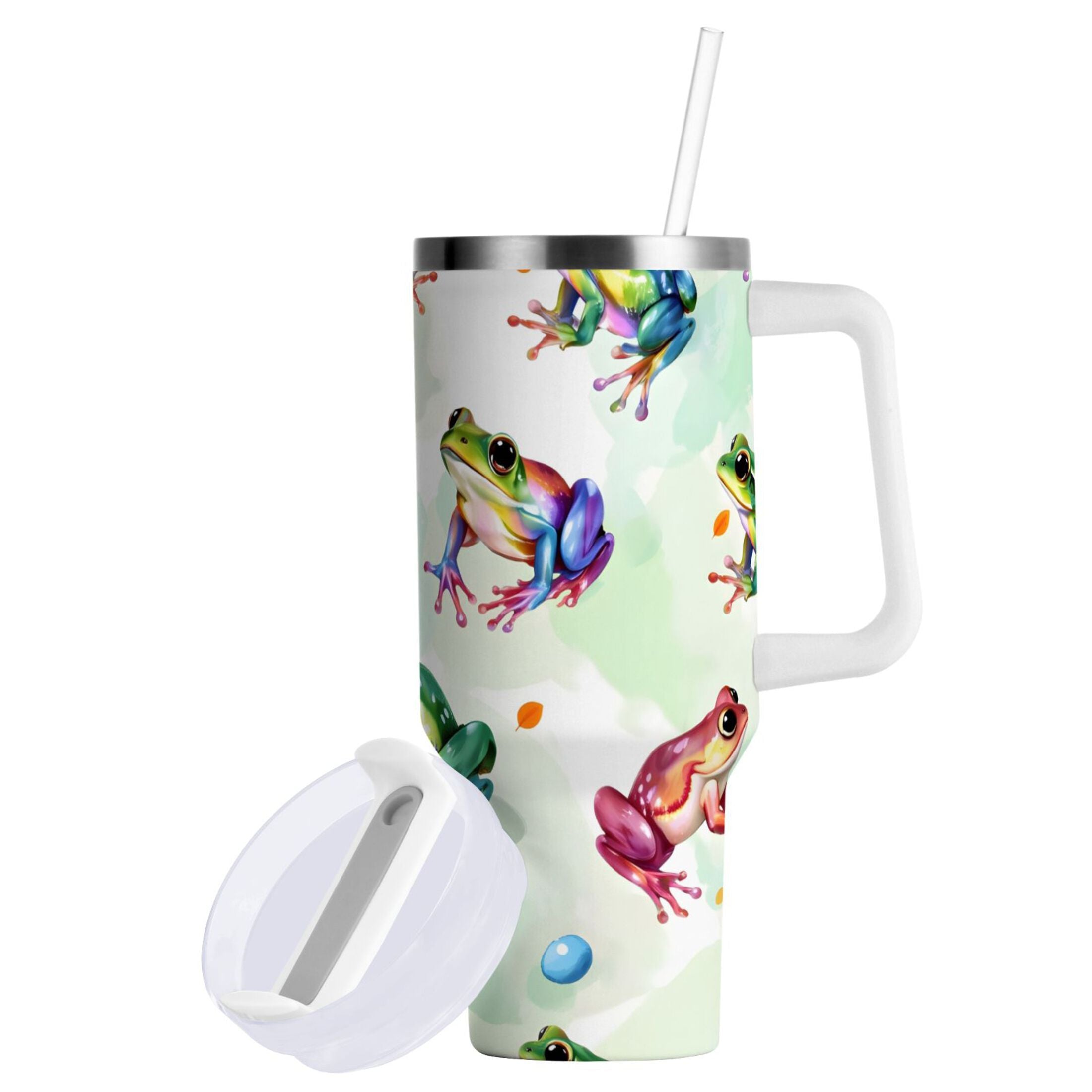 Ryvnso 40 oz Tumbler with Handle and Straw Cartoon Frogs Green Insulated Stainless Steel Travel Mug with Lid