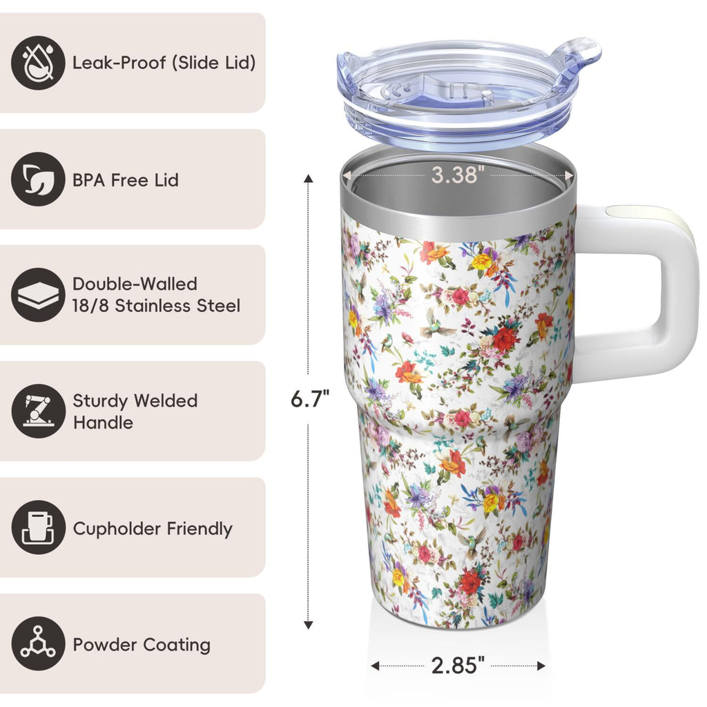 20oz Elegant Floral Vintage Spring Tumbler with Handle and Straw, Chinoiserie Bloom Pattern Coffee Cup, Insulated Travel Mug