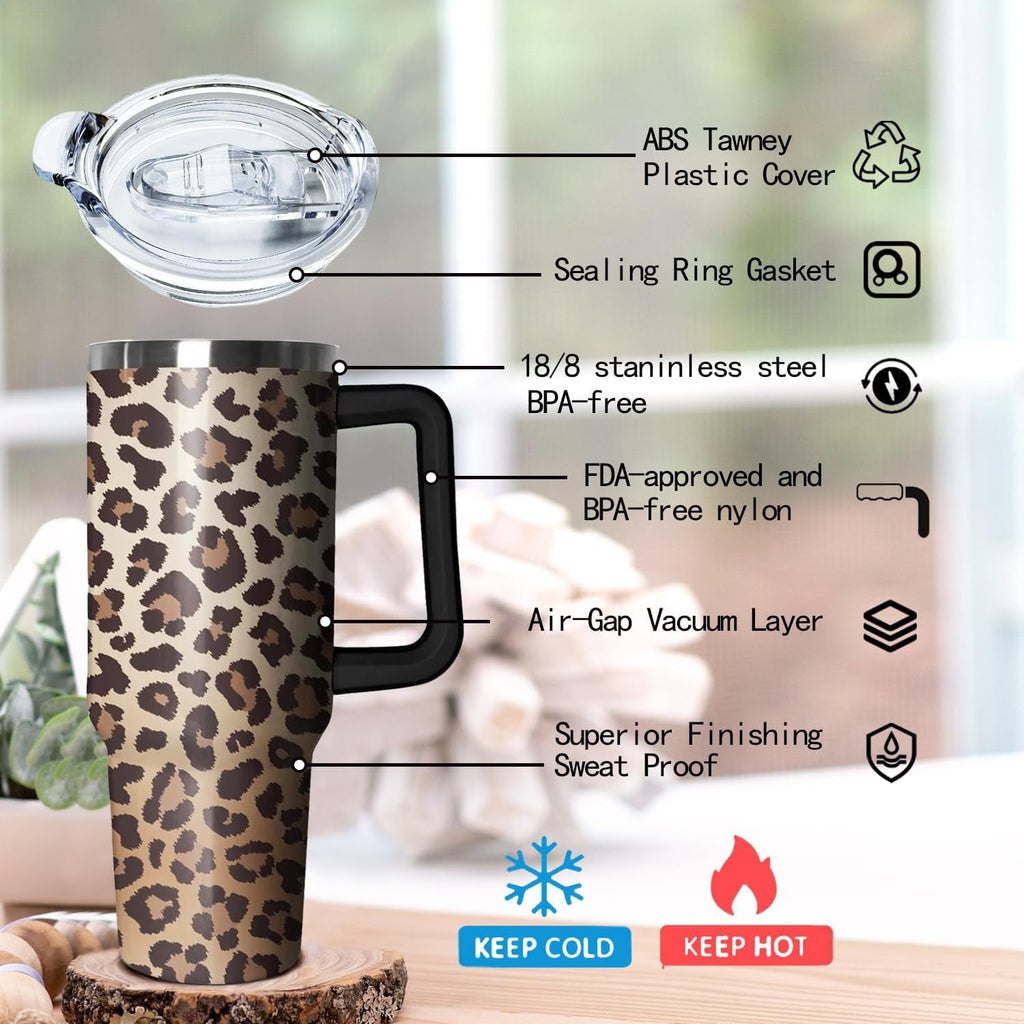 40oz Tumbler with Handle - Leopard Print Stainless Steel Travel Mug, Insulated Water Bottle for Coffee & Drinks - Gift for Women, Cheetah Decor