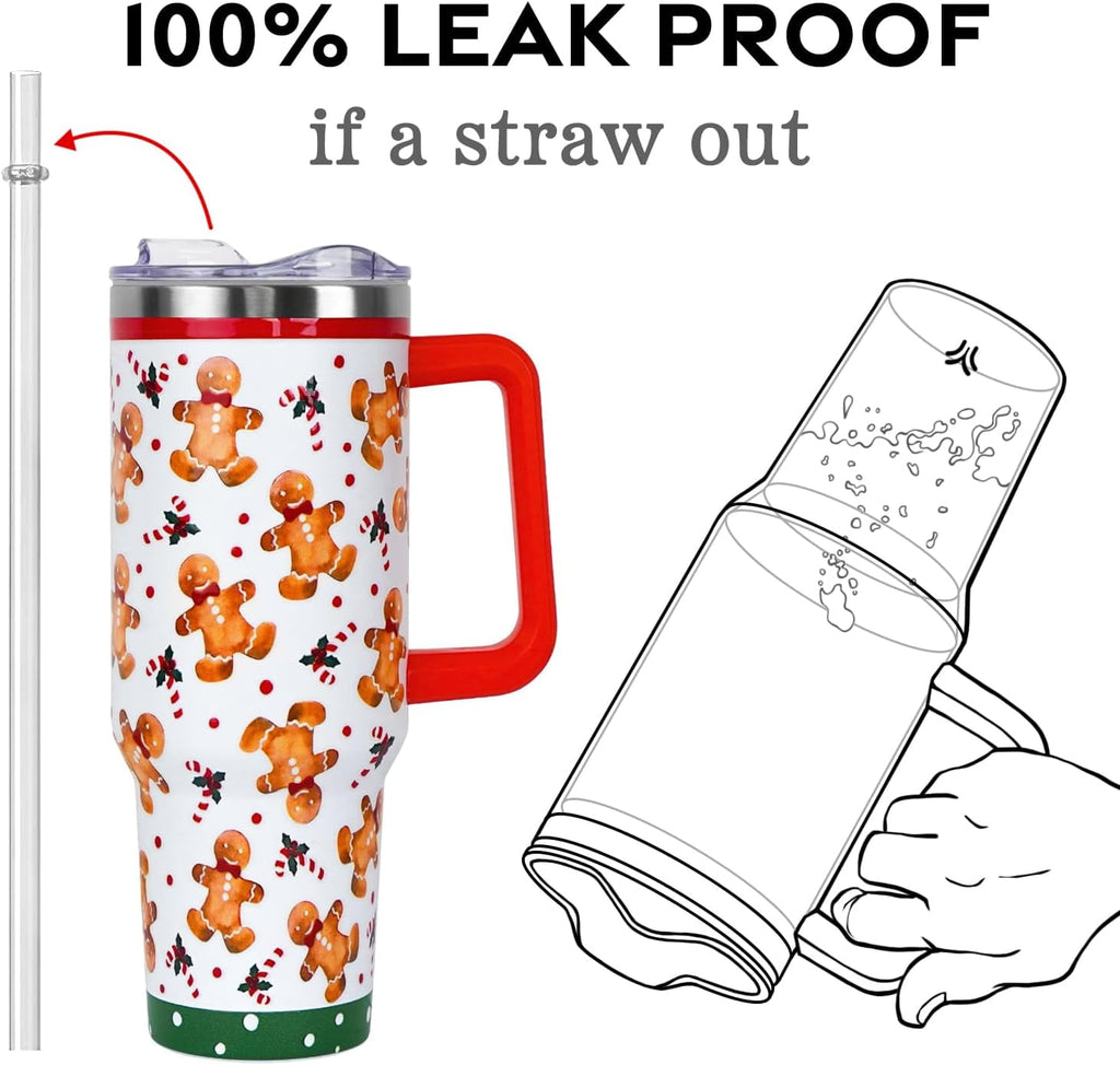 Christmas Tumbler with Handle and Straw Lid 40 oz,Cute Christmas Gifts for Women Gingerbread Candy Cane Vacuum Insulated Leak Proof Tumbler,Winter Holiday Accessories Stainless Steel Coffee Cup Mug
