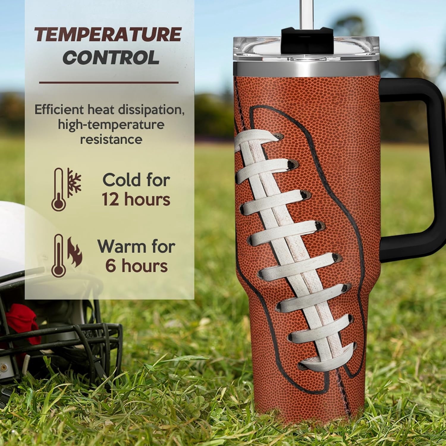 Football Tumbler with Handle 40oz Insulated Stainless Steel Cup with Lid & Straw, Travel Cup, Gifts for Men, Boys, Players, Coaches, Sports Lovers, Christmas, Birthday