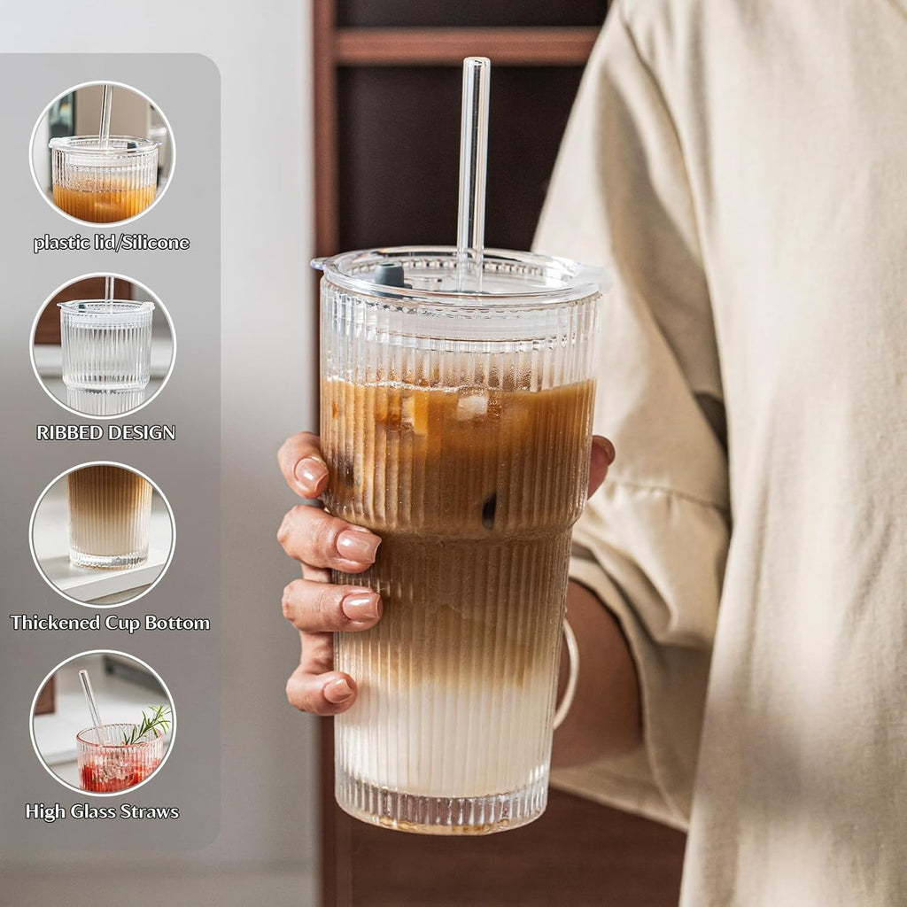 20 oz Ribbed Glass Tumblers with Lids and Glass Straws – 4-Piece Glassware Set, Thickened Glass, Ideal for Iced Coffee, Smoothies, Cocktails, and Juices – Elegant and Durable Drinkware