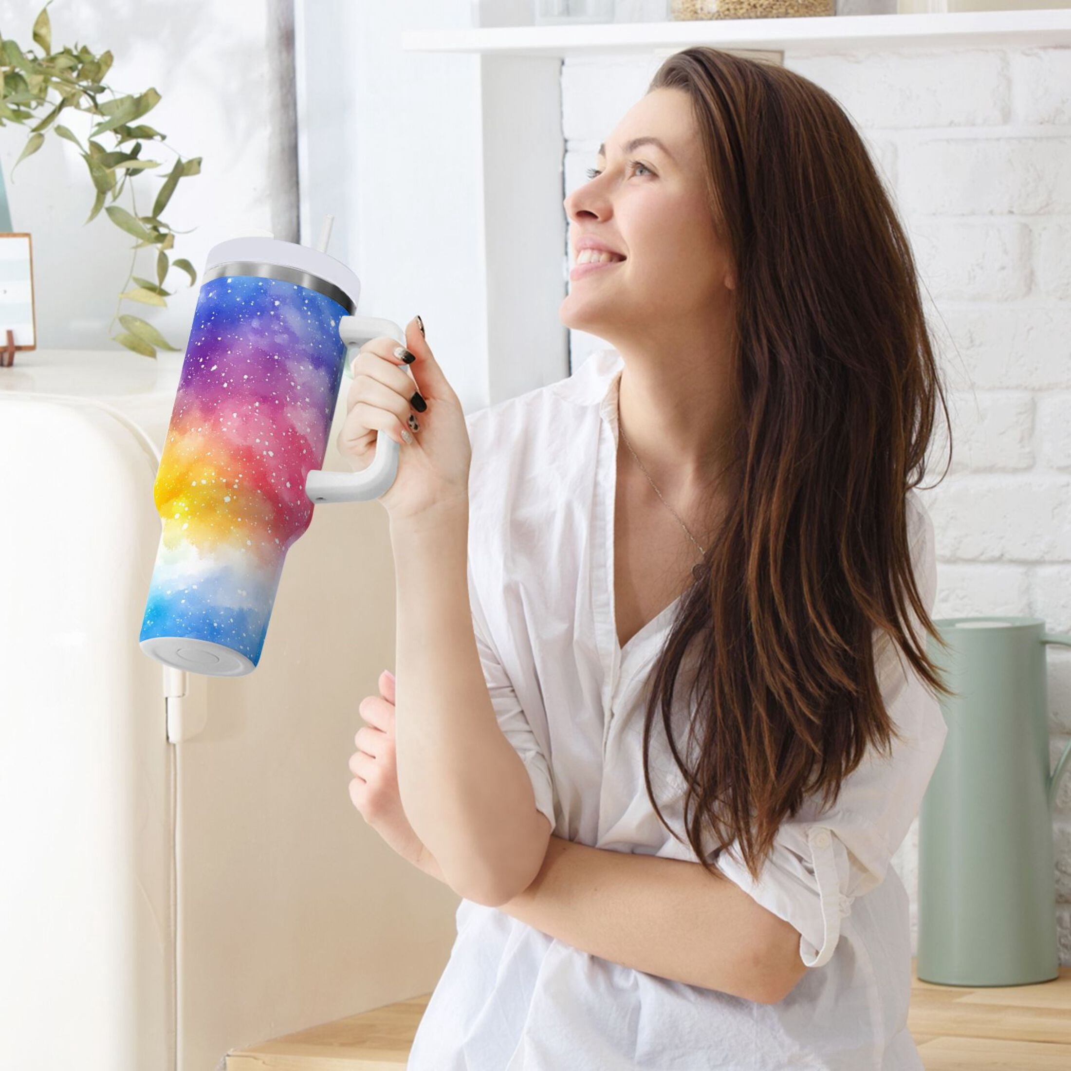 Ryvnso 40 oz Tumbler with Handle and Straw Rainbow Tie-dye Insulated Stainless Steel Travel Mug with Lid