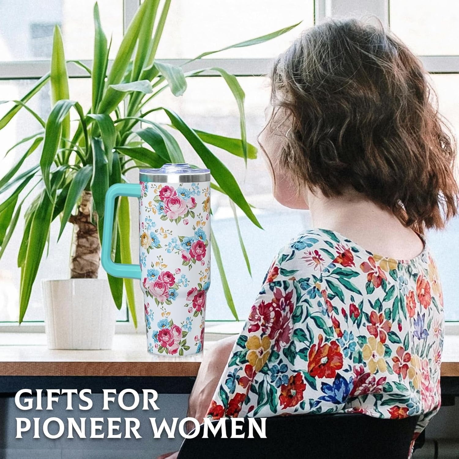 30 Oz Floral Tumbler with Handle and Straw, Floral Insulated Stainless Steel Coffee Travel Cup Mug Water Bottle, Unique Flower Gifts for Women