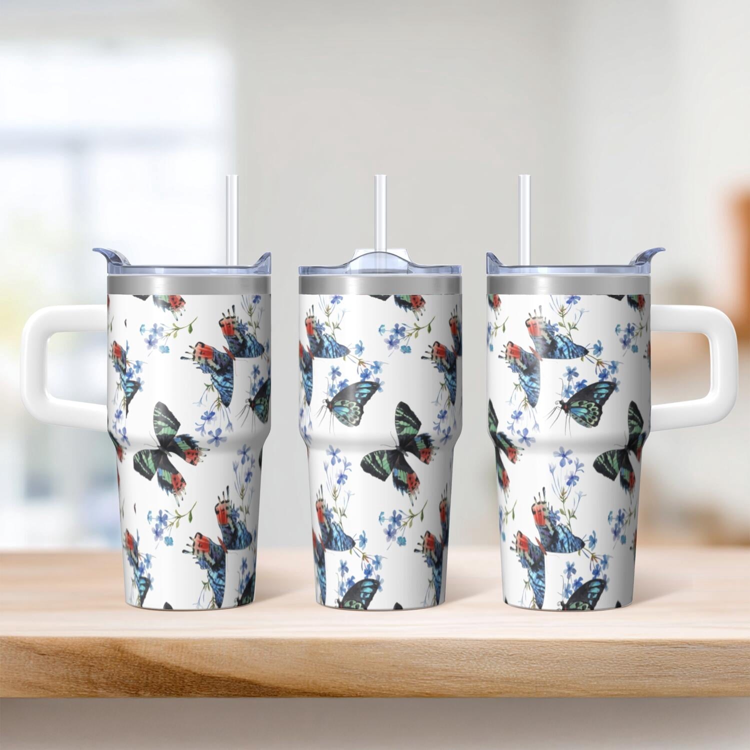20OZ Travel Tumbler with Handle Straw Leak Proof Lid Insulated Stainless Steel Mug Double Wall Vacuum Design Keeps Cold for 34 Hours Portable Cup Holder Fit Reusable Drinkware Butterfly Pattern
