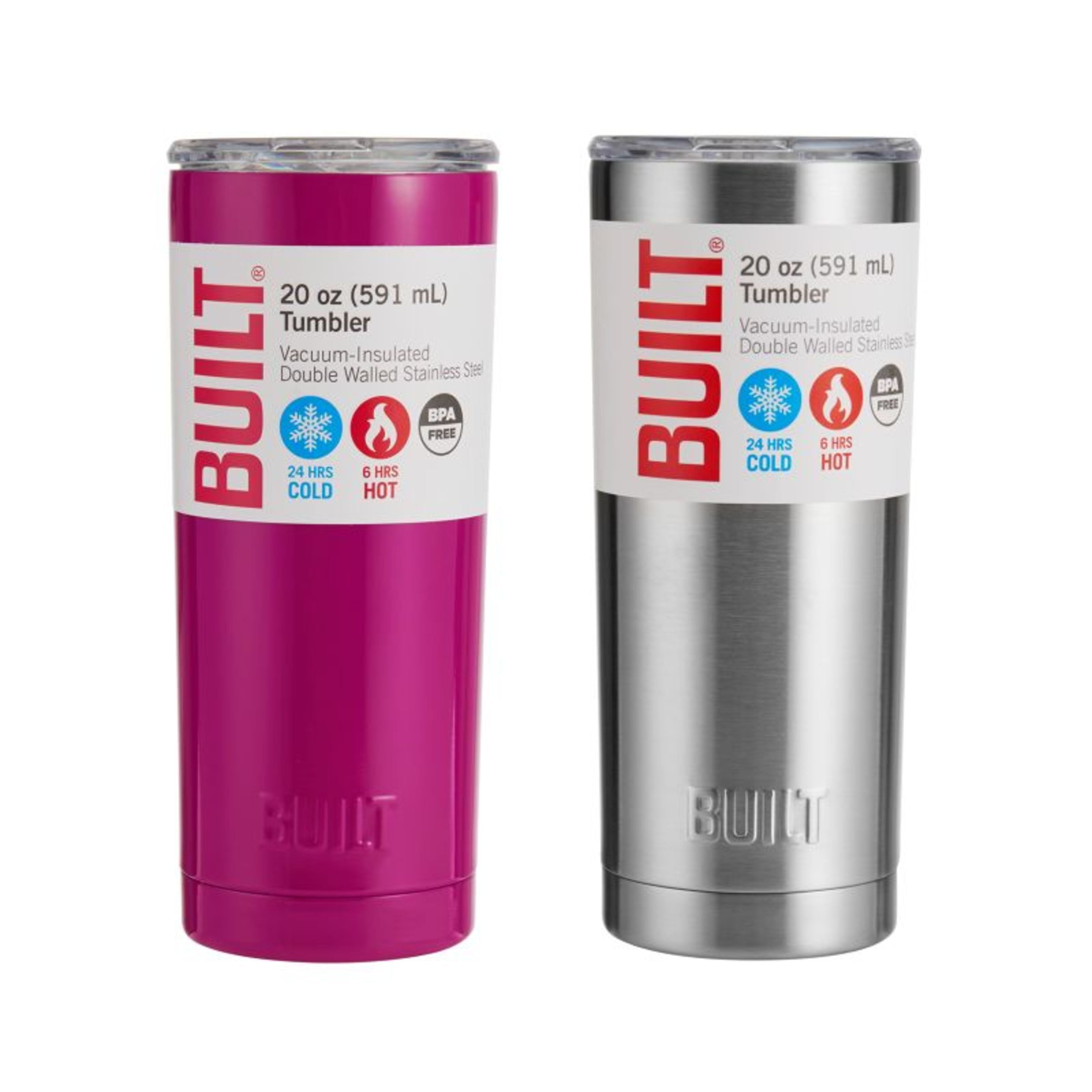 Built (Set of 2) 20-Ounce Double Wall Stainless Steel Tumblers, 20-Ounces, Stainless Steel and Tropical Pink