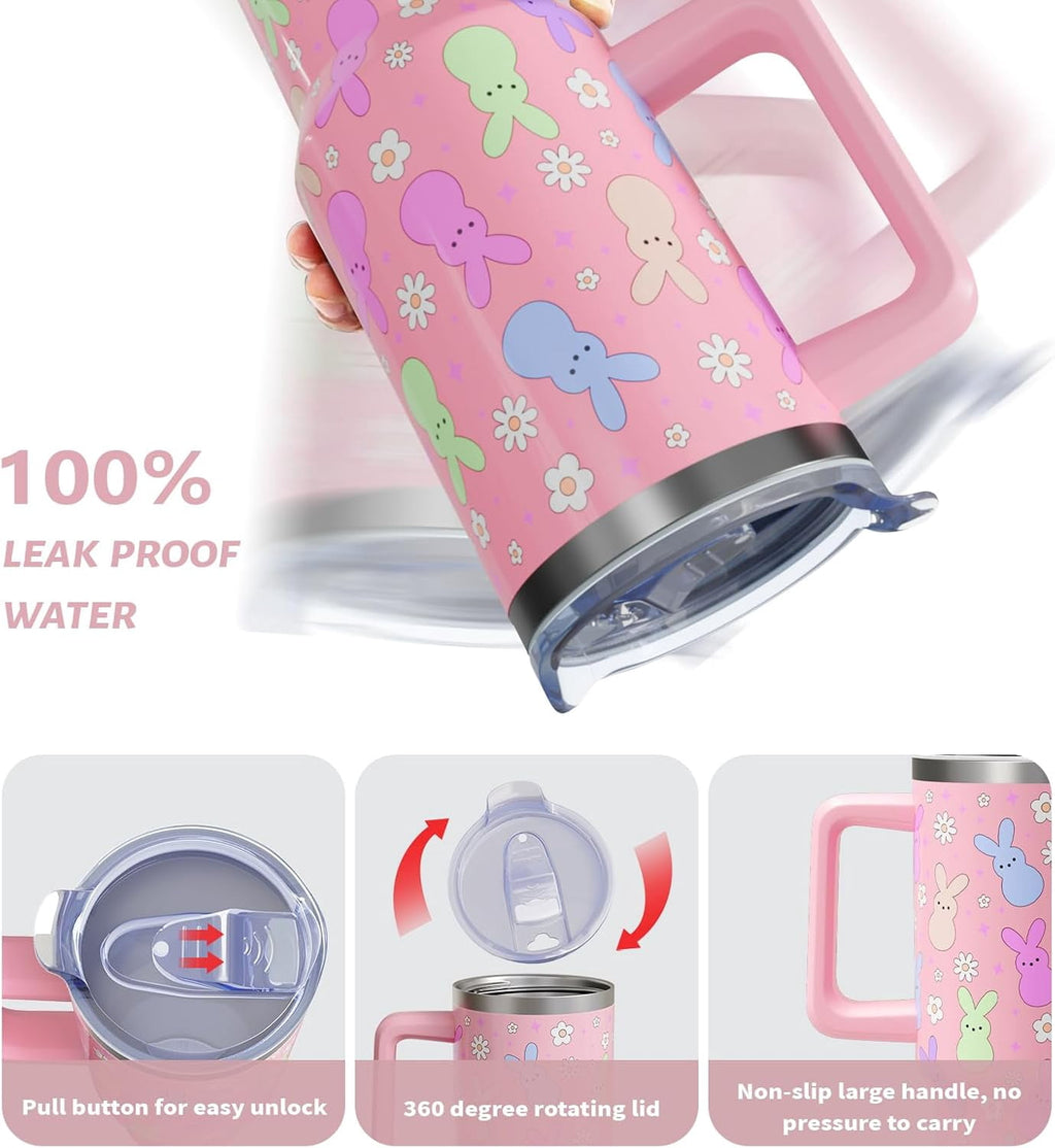 Easter Day Gifts 40oz Tumbler with Handle and Straw, Cute Bunnies Buddies Spring Stainless Steel Insulated Cup, Colorful Holiday Bunny Water Bottle Gifts for Women Men (1PC)
