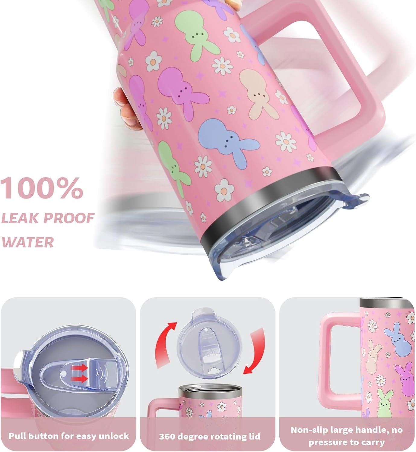 Easter Day Gifts 40oz Tumbler with Handle and Straw, Cute Bunnies Buddies Spring Stainless Steel Insulated Cup, Colorful Holiday Bunny Water Bottle Gifts for Women Men (1PC)