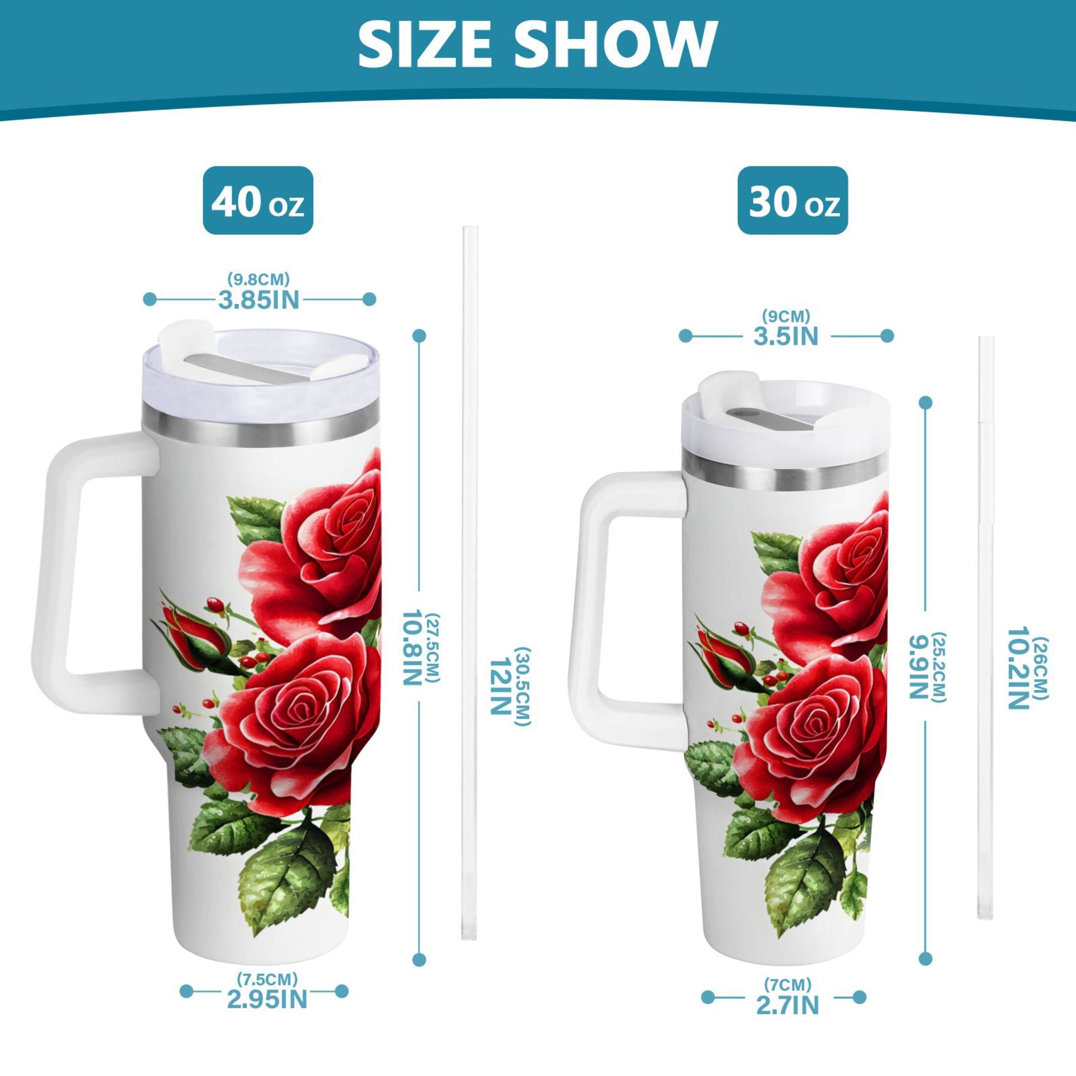 Ryvnso 40 oz Tumbler with Handle and Straw Insulated Stainless Steel Travel Mug with Lid Roses Flower