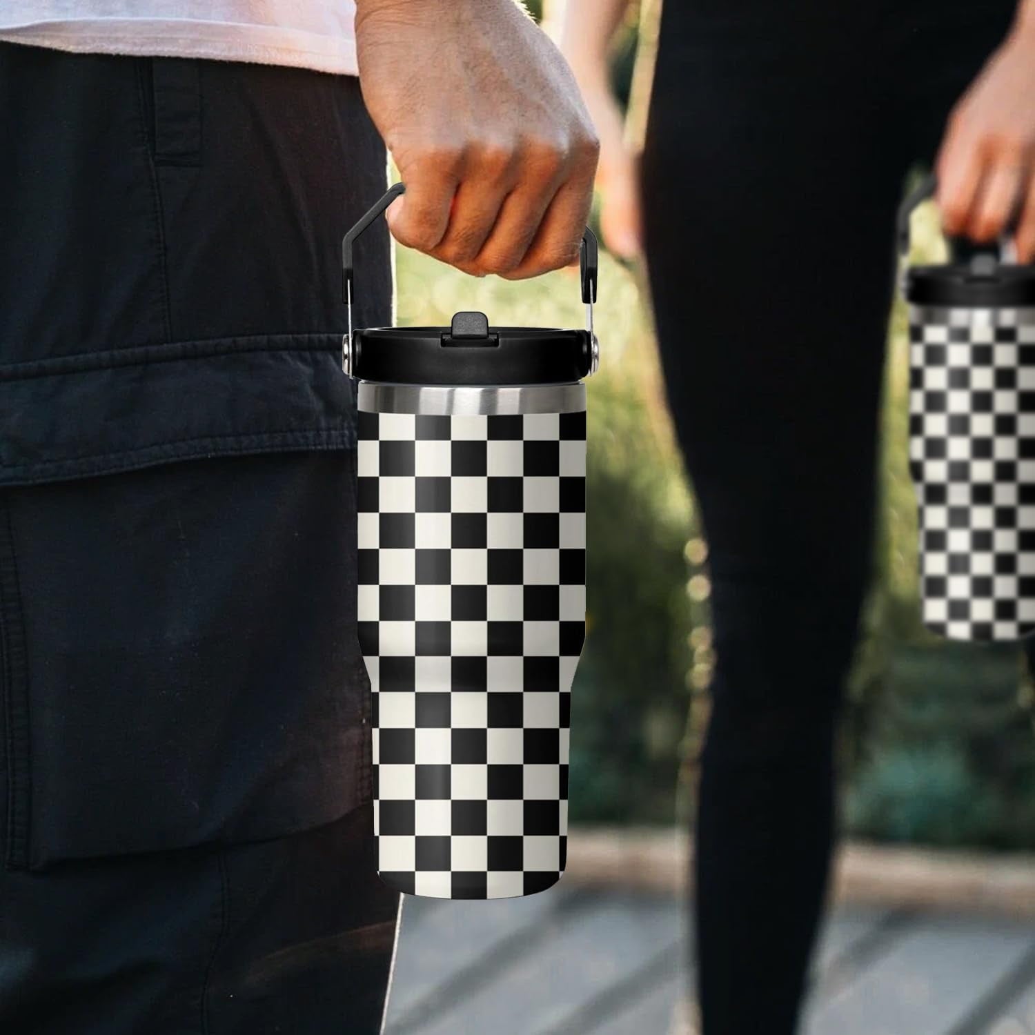 30 Oz Black and White Checkered Tumbler with Flip Lid, Handle & Straw - Insulated Travel Mug, Water Bottle, Coffee Cup - Gifts for Women & Men
