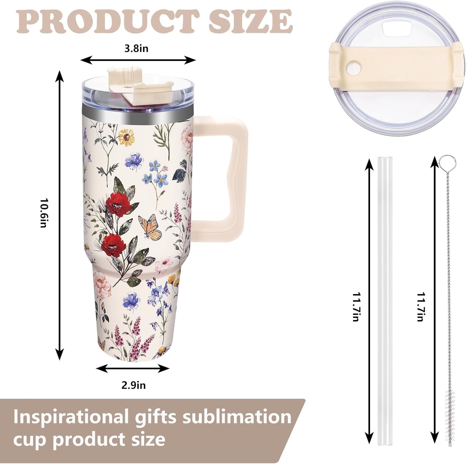 Vintage Wildflower Tumbler with Handle Lid Straw 40 Oz Spring Floral Stainless Steel Cup Retro Colorful Flower Travel Mug Iced Coffee Hot Drink Tumbler for Women Girls Gifts Party Favor