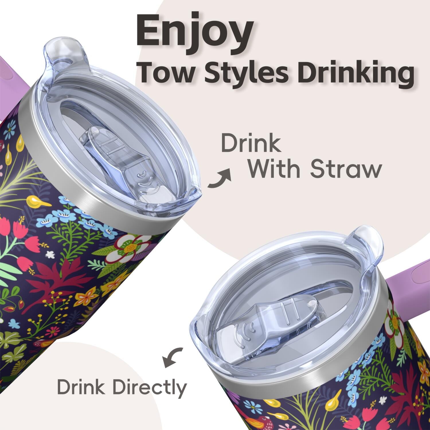 Women's Gift 20oz Floral Tumbler, Stainless Steel Insulated Travel Coffee Cup with Handle, Comes with Straw and Leak-Proof Top