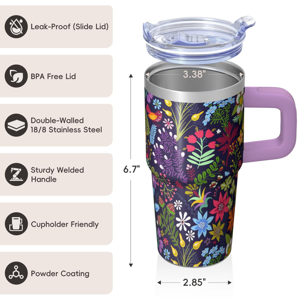 Women's Gift 20oz Floral Tumbler, Stainless Steel Insulated Travel Coffee Cup with Handle, Comes with Straw and Leak-Proof Top
