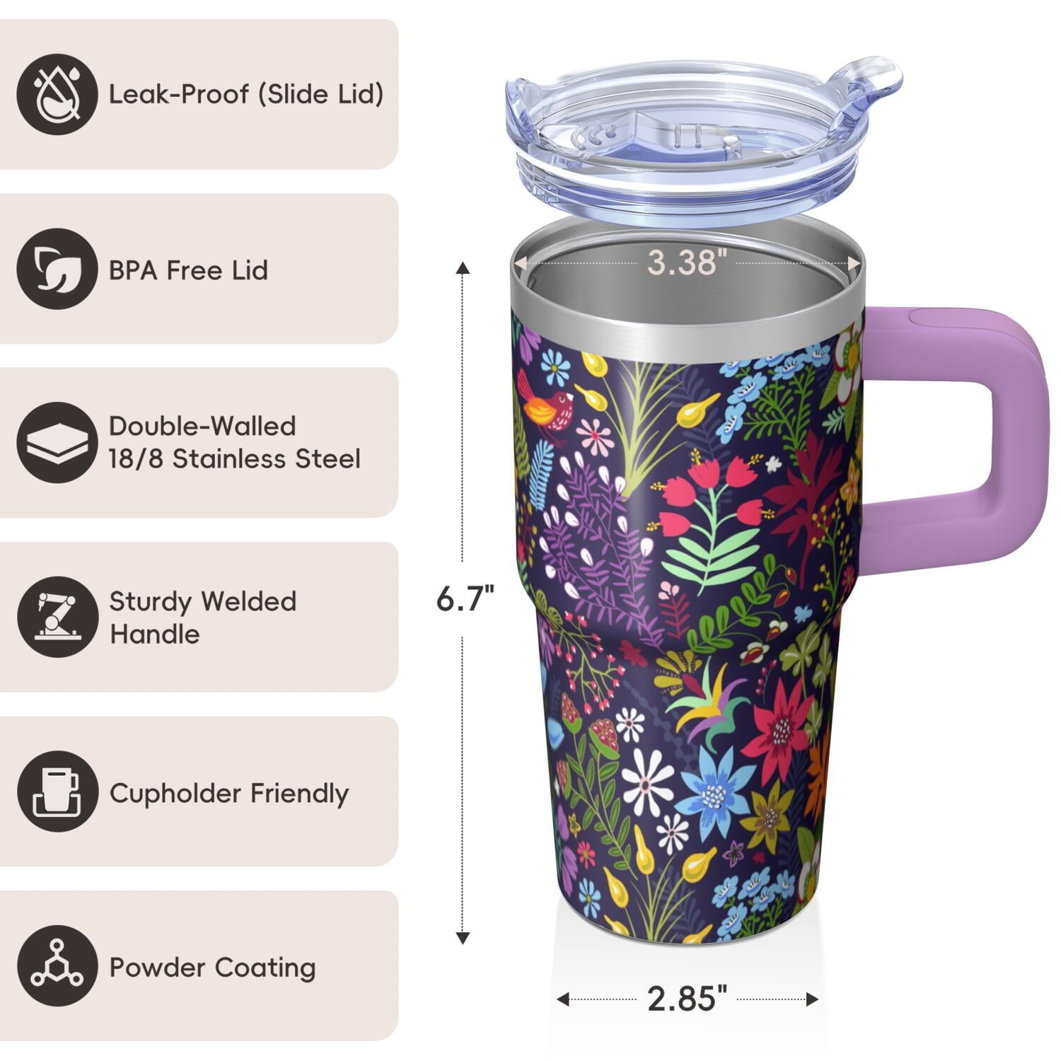 Women's Gift 20oz Floral Tumbler, Stainless Steel Insulated Travel Coffee Cup with Handle, Comes with Straw and Leak-Proof Top