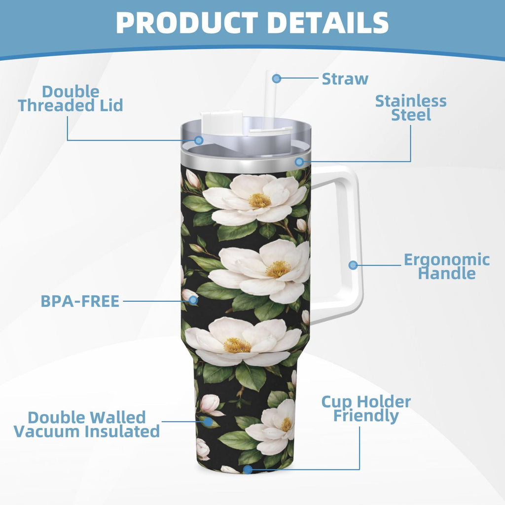 White Magnolia Floral Cup Insulated Tumbler Stainless Steel Vacuum Travel Mug 40 oz with Handle and Straw Lid
