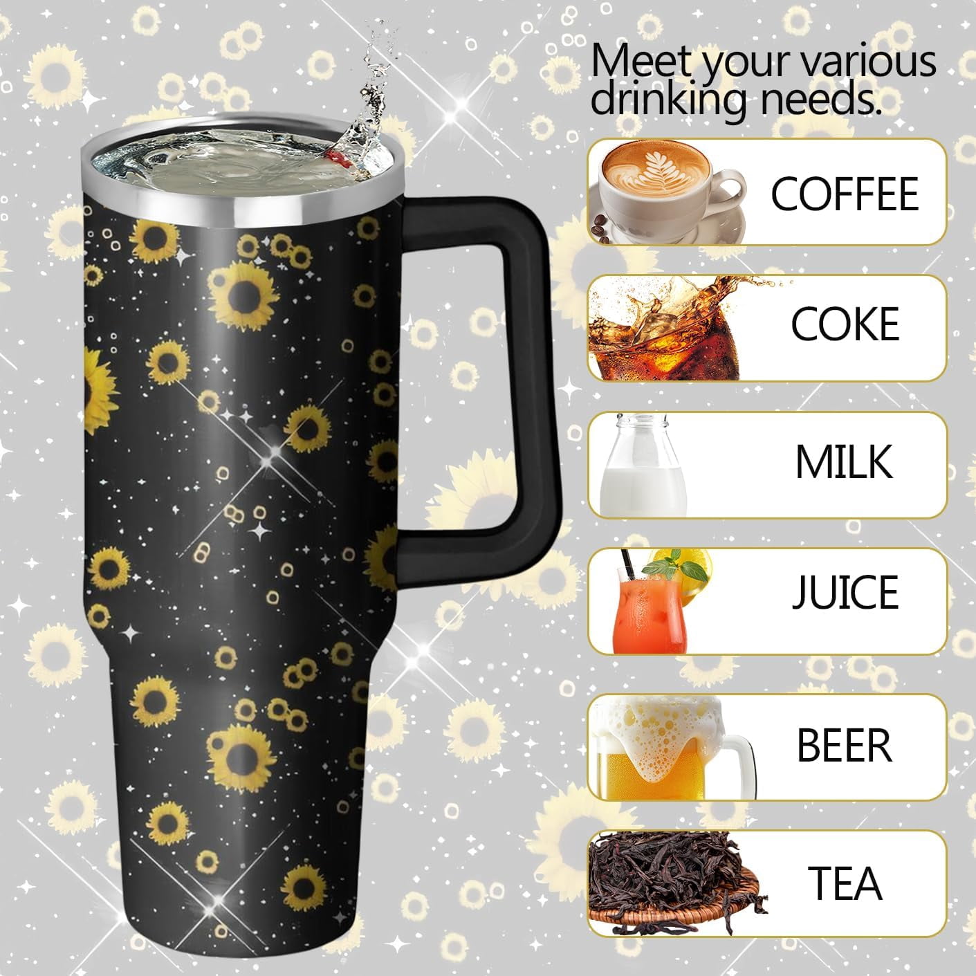 40oz Sunflower Tumbler with Handle and Straw, Shiny Stainless Steel Insulated Cup with Lid and Straw, Travel Coffee Mug Water Bottle, Birthday Mothers Day Gifts for Women Men Flowers Lovers