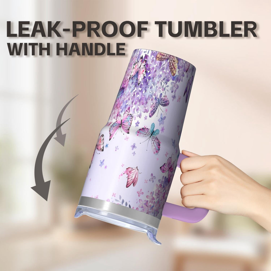 20OZ Double Wall Insulated Tumbler with Handle Straw Stainless Steel Travel Mug Leak Proof Lid Vacuum Design Keeps Cold for 34 Hours Portable Cup Holder Fit Reusable Drinkware Butterfly Print