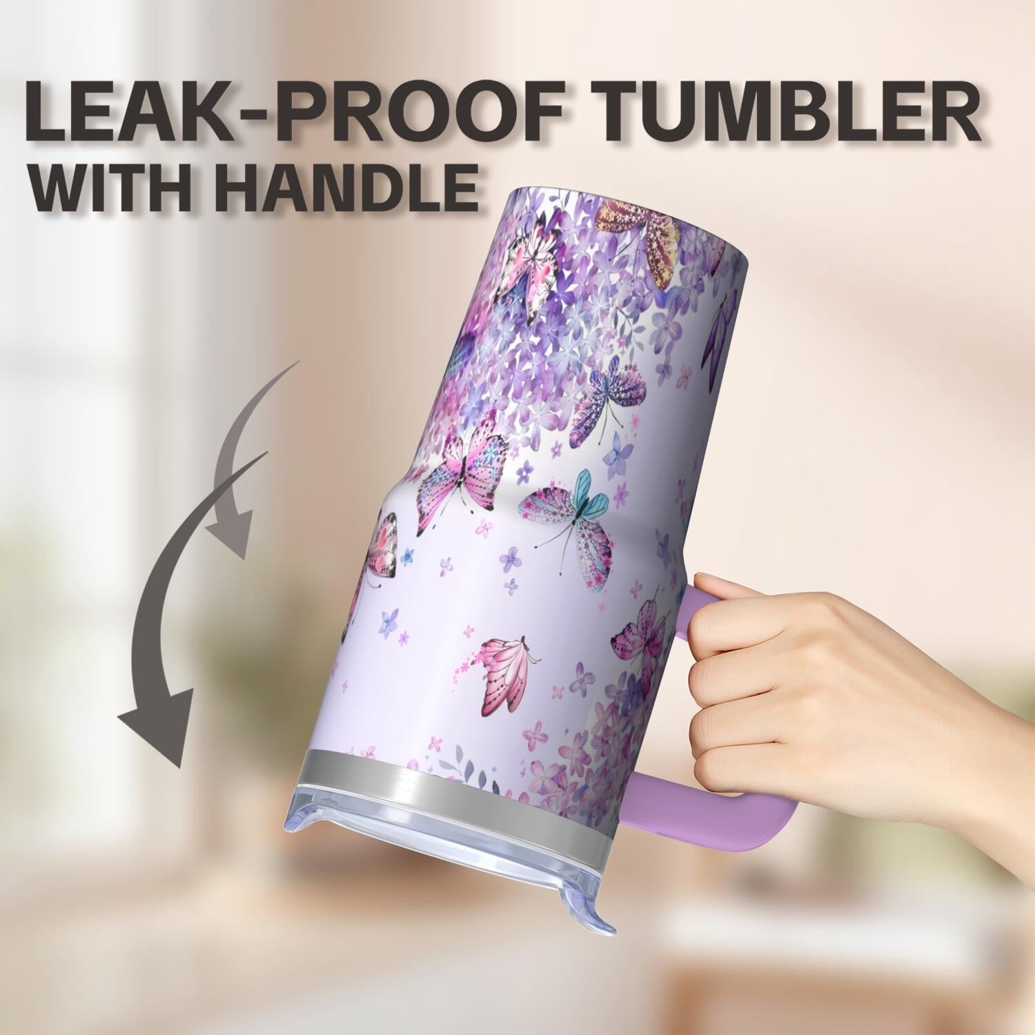 20OZ Double Wall Insulated Tumbler with Handle Straw Stainless Steel Travel Mug Leak Proof Lid Vacuum Design Keeps Cold for 34 Hours Portable Cup Holder Fit Reusable Drinkware Butterfly Print