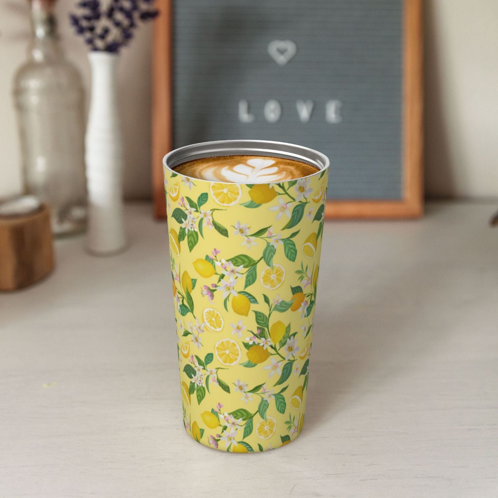 Rateoe Lemon (2) Pattern Travel Coffee Mug Tumbler with Flip Lid | Reusable Insulated Stainless Steel Cold Brew Iced Coffee Cup Thermos