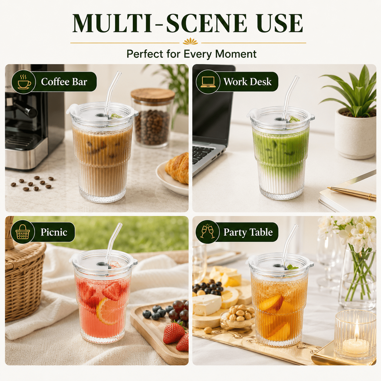 14 oz Ribbed Glass Tumblers with Lids and Glass Straws – 4-Piece Glassware Set, Thickened Wall, Ideal for Iced Coffee, Smoothies, Cocktails, and Juices – Elegant and Durable Drinkware