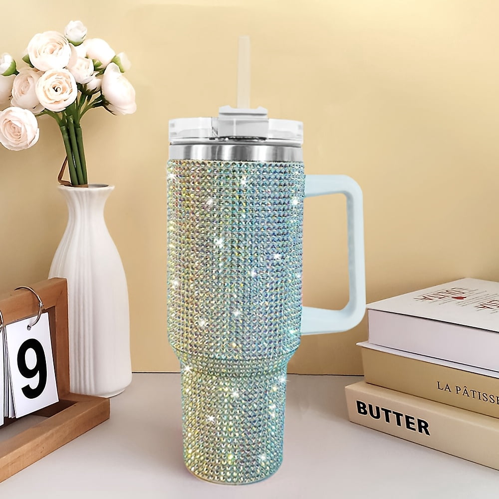 40oz Studded Bling Tumbler with Handle and Straw, Insulated Stainless Steel Double Wall Travel Mug, Rhinestone Diamond Water Cup, Car Cup Holder Friendly, Gifts for Women