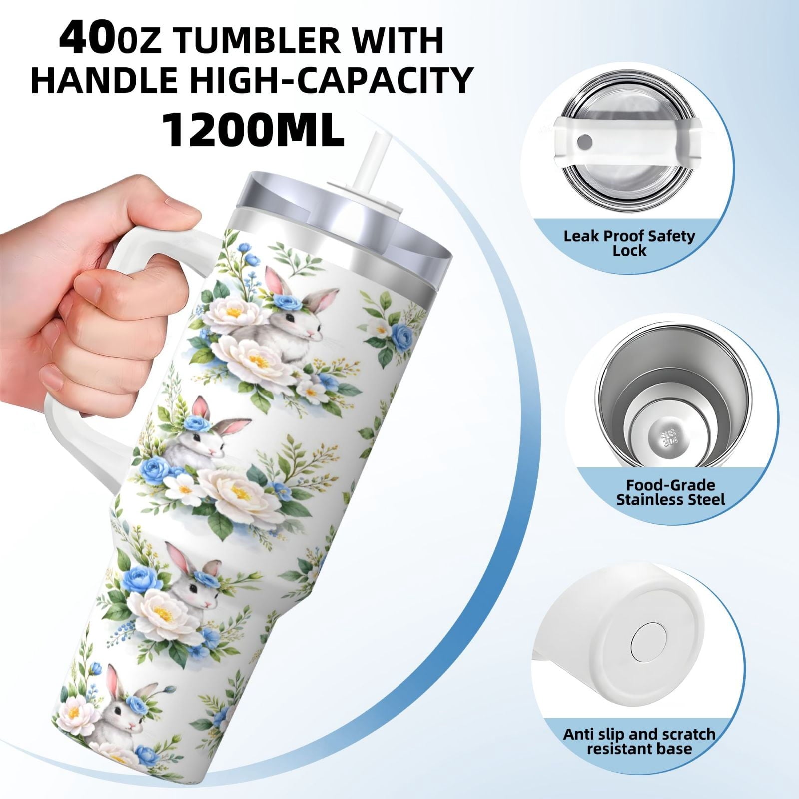 Easter Bunny Floral Cup Insulated Tumbler Stainless Steel Vacuum Travel Mug 40 oz with Handle and Straw Lid