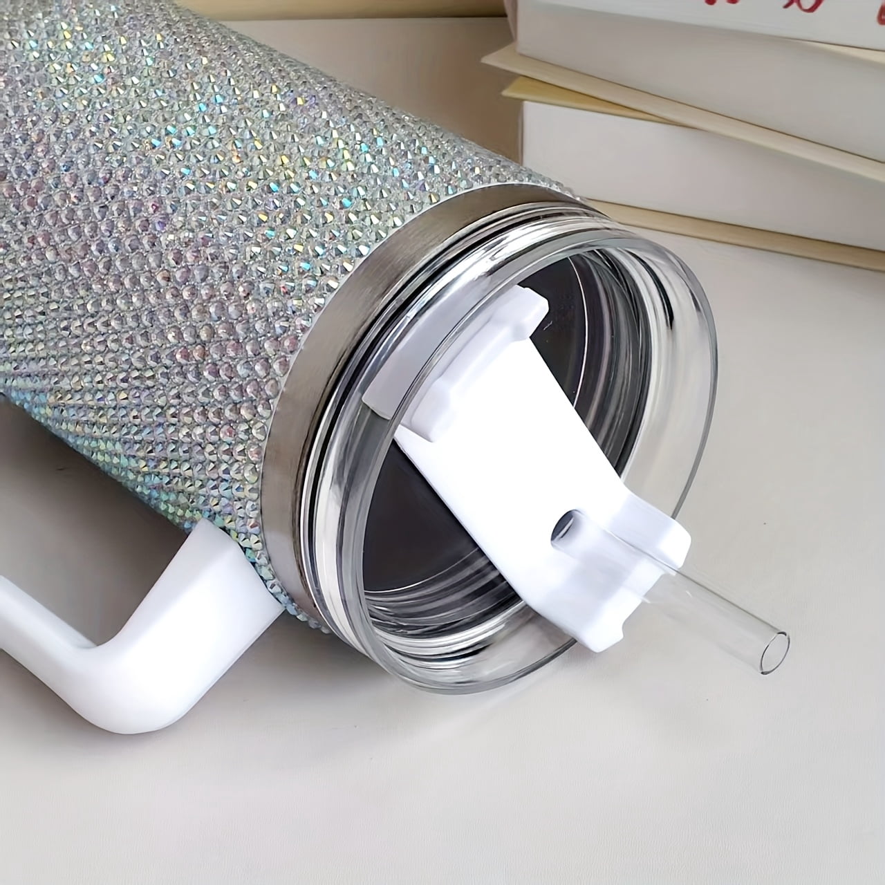 40oz Studded Bling Tumbler with Handle and Straw, Insulated Stainless Steel Double Wall Travel Mug, Rhinestone Diamond Water Cup, Car Cup Holder Friendly, Gifts for Women