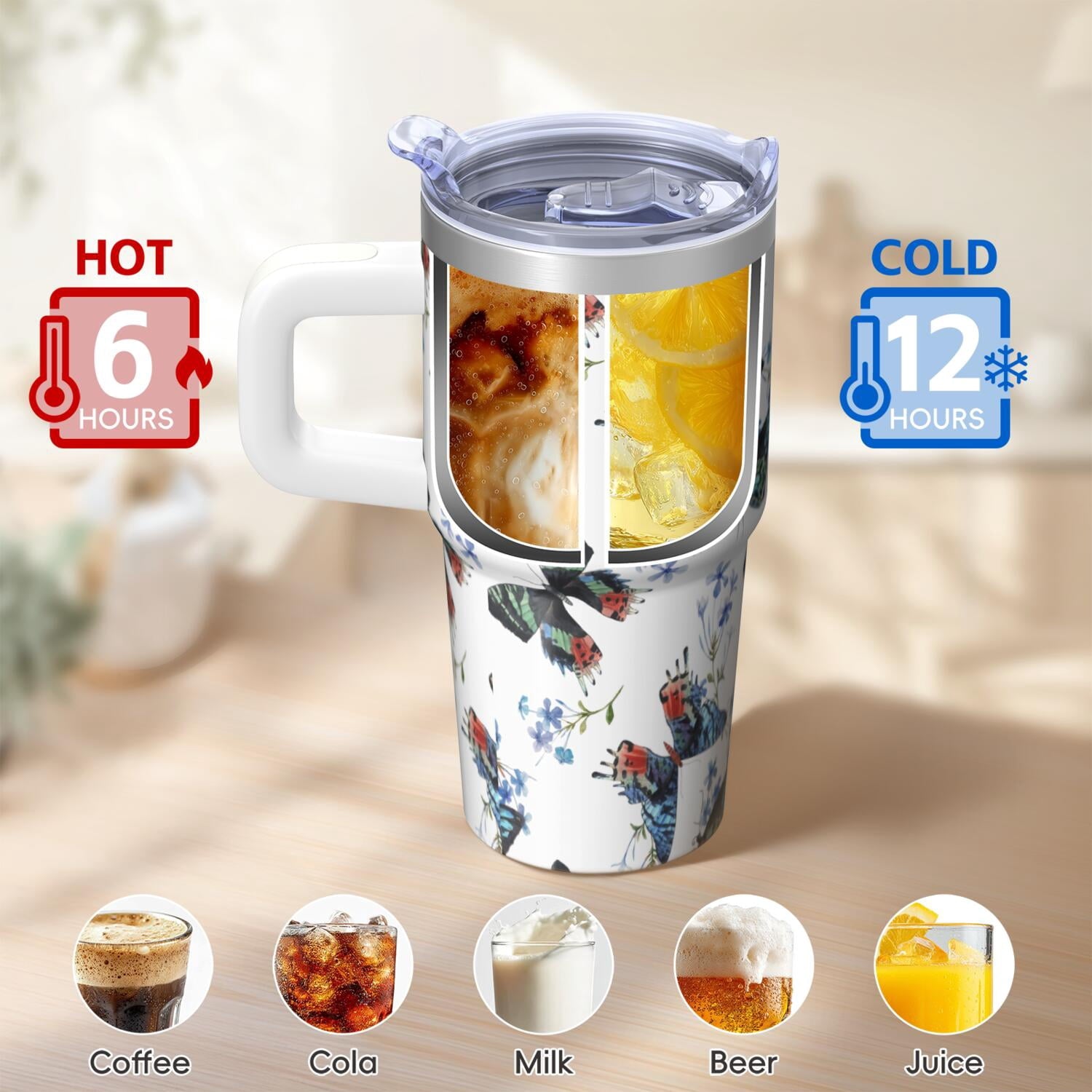 20OZ Travel Tumbler with Handle Straw Leak Proof Lid Insulated Stainless Steel Mug Double Wall Vacuum Design Keeps Cold for 34 Hours Portable Cup Holder Fit Reusable Drinkware Butterfly Pattern