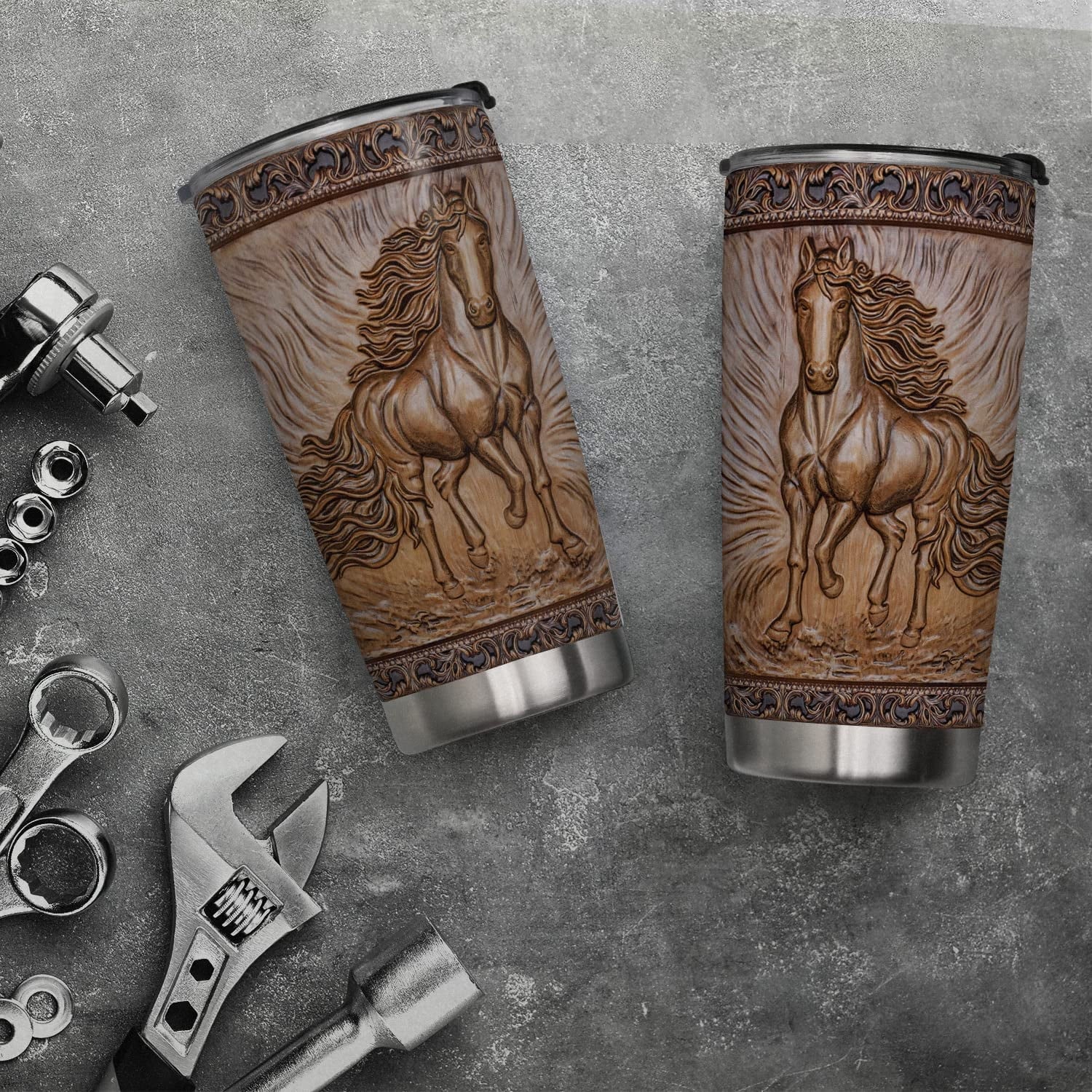 20oz Horse Gifts for Girls, Horse Gifts for Men, Women, Valentines Day Gifts for Him, Her, Gifts for Husband, Wife, Friends, Print Wooden Horse Tumbler Cup Insulated Travel Coffee Mug with Lid