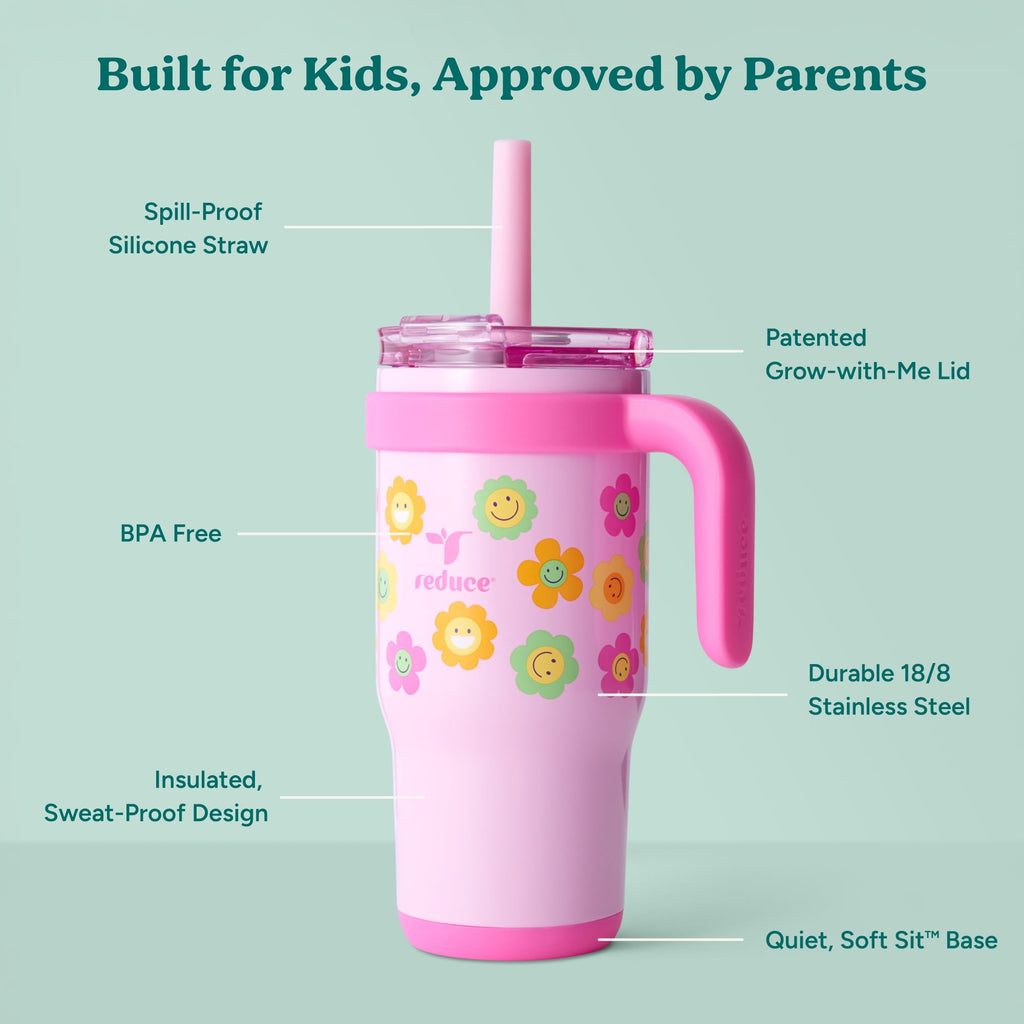 Reduce Coldee Kids Insulated Tumbler with Straw, 18oz Stainless Steel Spill-Proof Cup with Handle, Smiles