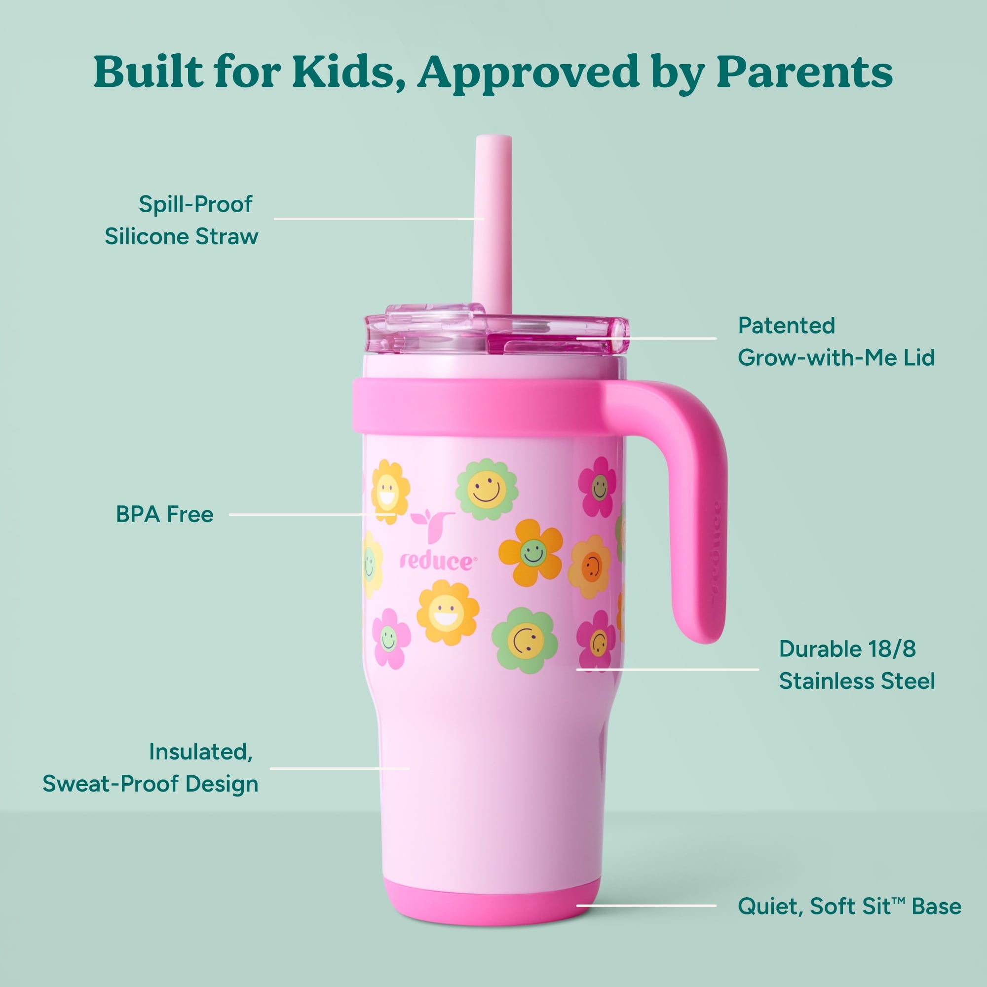 Reduce Coldee Kids Insulated Tumbler with Straw, 18oz Stainless Steel Spill-Proof Cup with Handle, Smiles