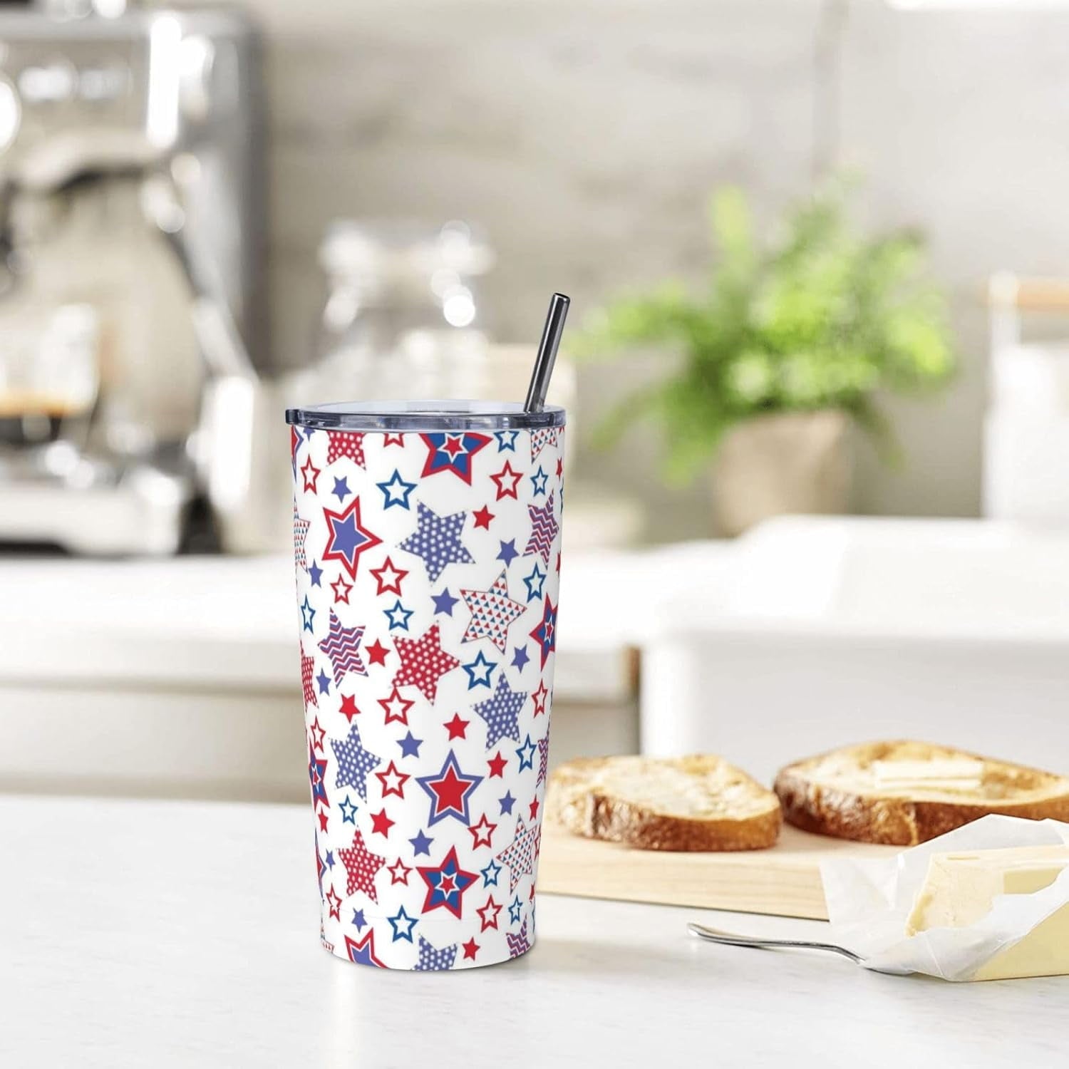 American Flag Star Tumbler with Lid and Straw Stars 20oz Insulated Stainless Steel Cup Red Blue Travel Coffee Mug Water Bottle for Women Gift for Birthday Christmas