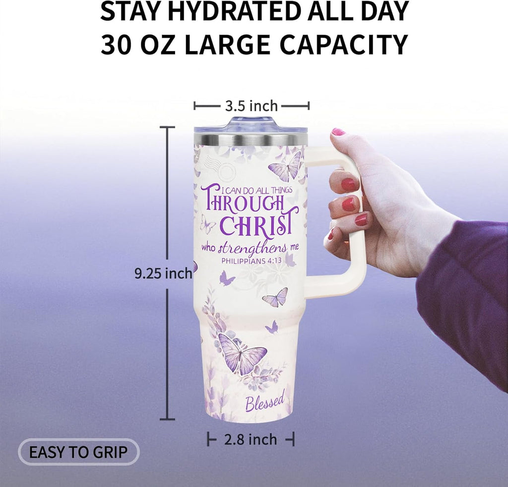 30 Oz Christian Tumbler with Handle and Straw - Insulated Travel Mug Cup, Leakproof Water Bottle - Religious Christian Gifts for Women, Men - Birthday Christmas Present for Her, Friends, Mom