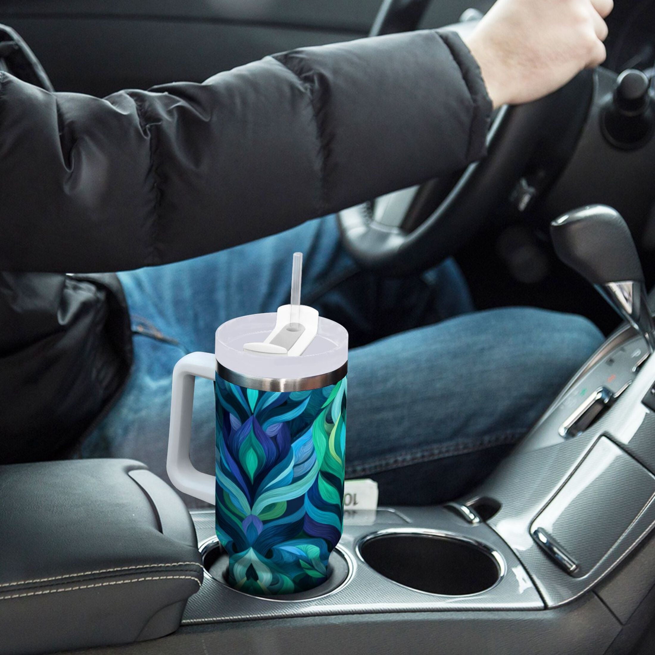 40 oz Insulated Stainless Steel Tumbler Double Wall Stainless Steel Tumbler with 2-Way Drinking Elegant Blue Abstract Shapes