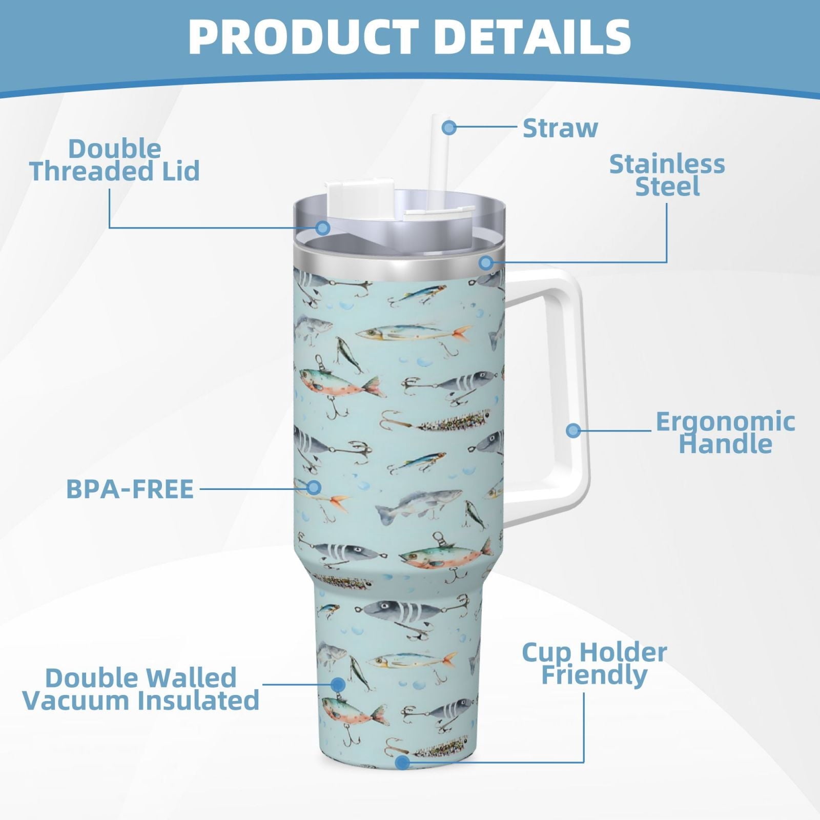 Fishing Cup Insulated Tumbler Stainless Steel Vacuum Travel Mug 40 oz with Handle and Straw Lid