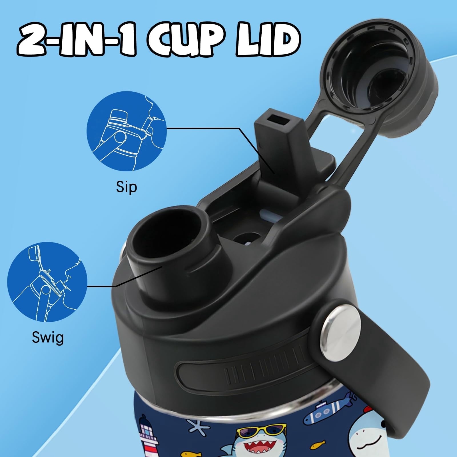 JOPJOLIW 12OZ Shark Water Bottle for Boys, Birthday Gift for Planet Lovers, Insulated Tumbler with Straw & Handle for Son, Stainless Steel Reusable Leak-proof Cup for Sports, G-Black 2-Pack