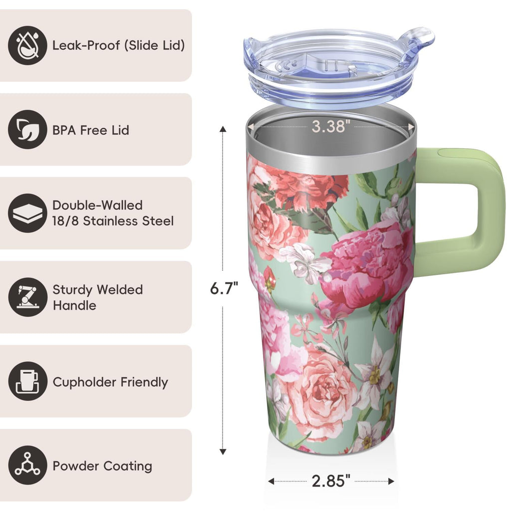 20oz Insulated Floral Tumbler with Handle, Stainless Steel Travel Mug for Hot Drinks and Iced Beverages, Leak-Proof Lid, Gift for Women
