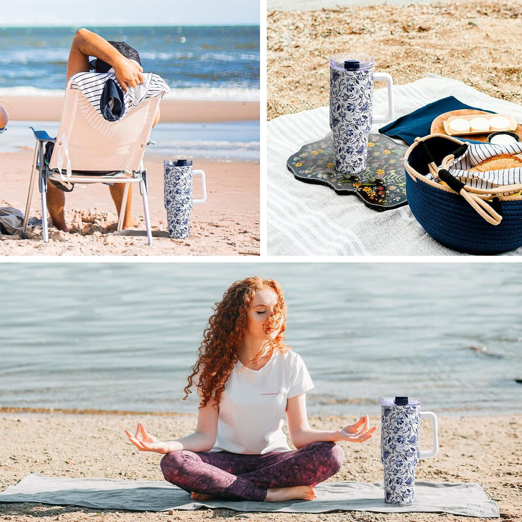 40oz Tumbler with Handle, Stainless Steel Insulated Travel Tumbler with Lid and Straw, Double Wall Vacuum Insulated Tumbler Mug, Thermal Cup for Home Outdoor, Blue and White Porcelain