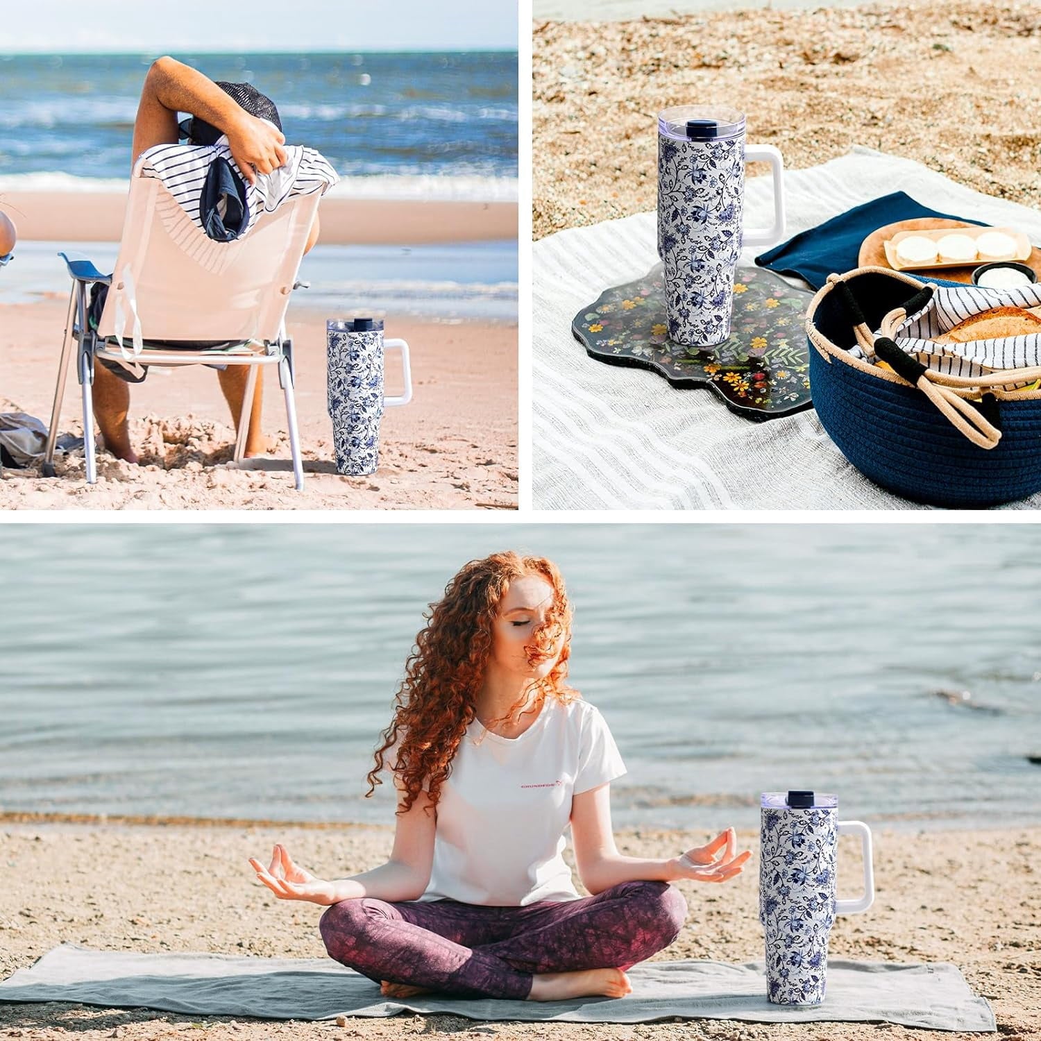 40oz Tumbler with Handle, Stainless Steel Insulated Travel Tumbler with Lid and Straw, Double Wall Vacuum Insulated Tumbler Mug, Thermal Cup for Home Outdoor, Blue and White Porcelain