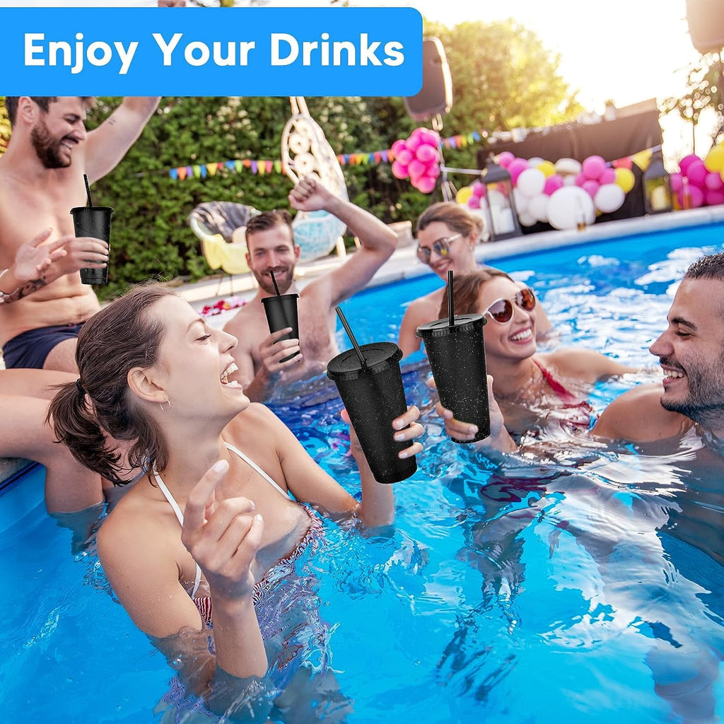 Reusable Plastic Tumblers with Lids & Straws - 6 Pcs 24oz Large Glitter Tumbler Cups for Adults Kids Women Party | Tall Iced Cold Straw Drinking Cute Tumbler Cup Bulk(Black)