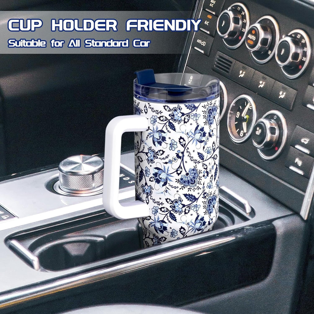 40oz Tumbler with Handle, Stainless Steel Insulated Travel Tumbler with Lid and Straw, Double Wall Vacuum Insulated Tumbler Mug, Thermal Cup for Home Outdoor, Blue and White Porcelain