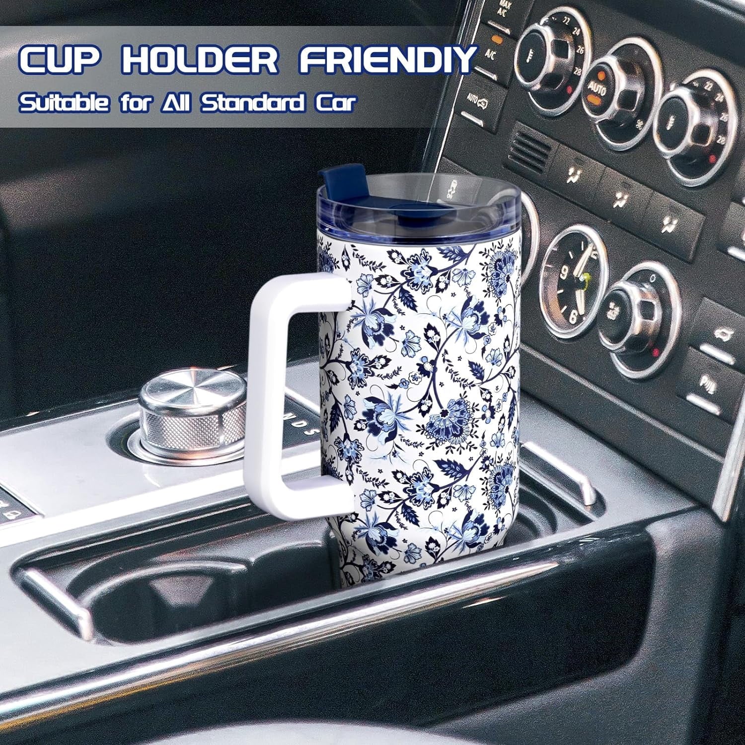 40oz Tumbler with Handle, Stainless Steel Insulated Travel Tumbler with Lid and Straw, Double Wall Vacuum Insulated Tumbler Mug, Thermal Cup for Home Outdoor, Blue and White Porcelain