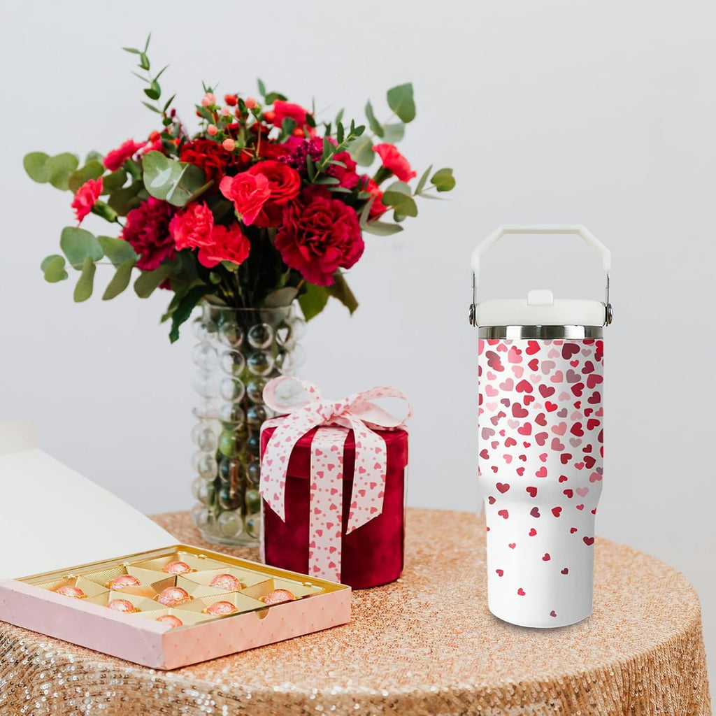 30oz Valentines Tumbler with Handle and Straw, Valentine Insulated Tumbler, Leak Proof Travel Coffee Mug, Reusable Stainless Steel Heart Tumbler, Valentines Gifts for Her