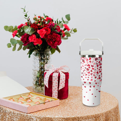 30oz Valentines Tumbler with Handle and Straw, Valentine Insulated Tumbler, Leak Proof Travel Coffee Mug, Reusable Stainless Steel Heart Tumbler, Valentines Gifts for Her