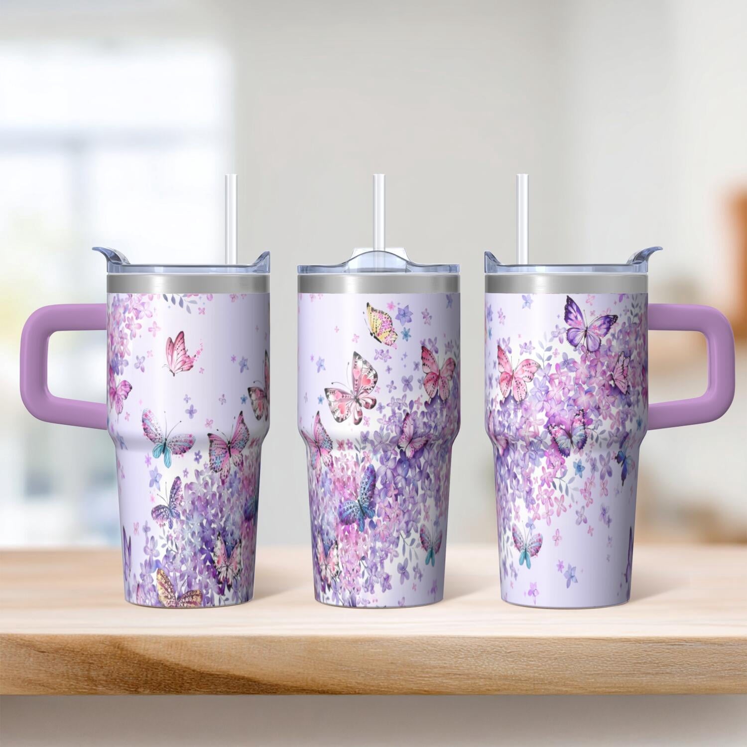 20OZ Double Wall Insulated Tumbler with Handle Straw Stainless Steel Travel Mug Leak Proof Lid Vacuum Design Keeps Cold for 34 Hours Portable Cup Holder Fit Reusable Drinkware Butterfly Print