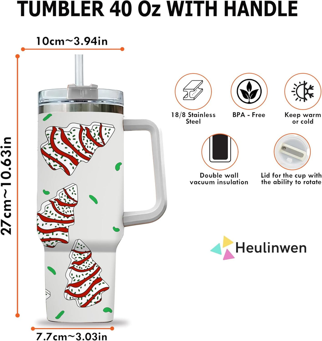 Christmas Tree Cakes Tumbler Christmas Gifts for Women - Christmas 40 oz White Tumbler with Handle and Straw - Stainless Steel Insulated Travel Tumbler - Merry Christmas Holiday Coffee Mug