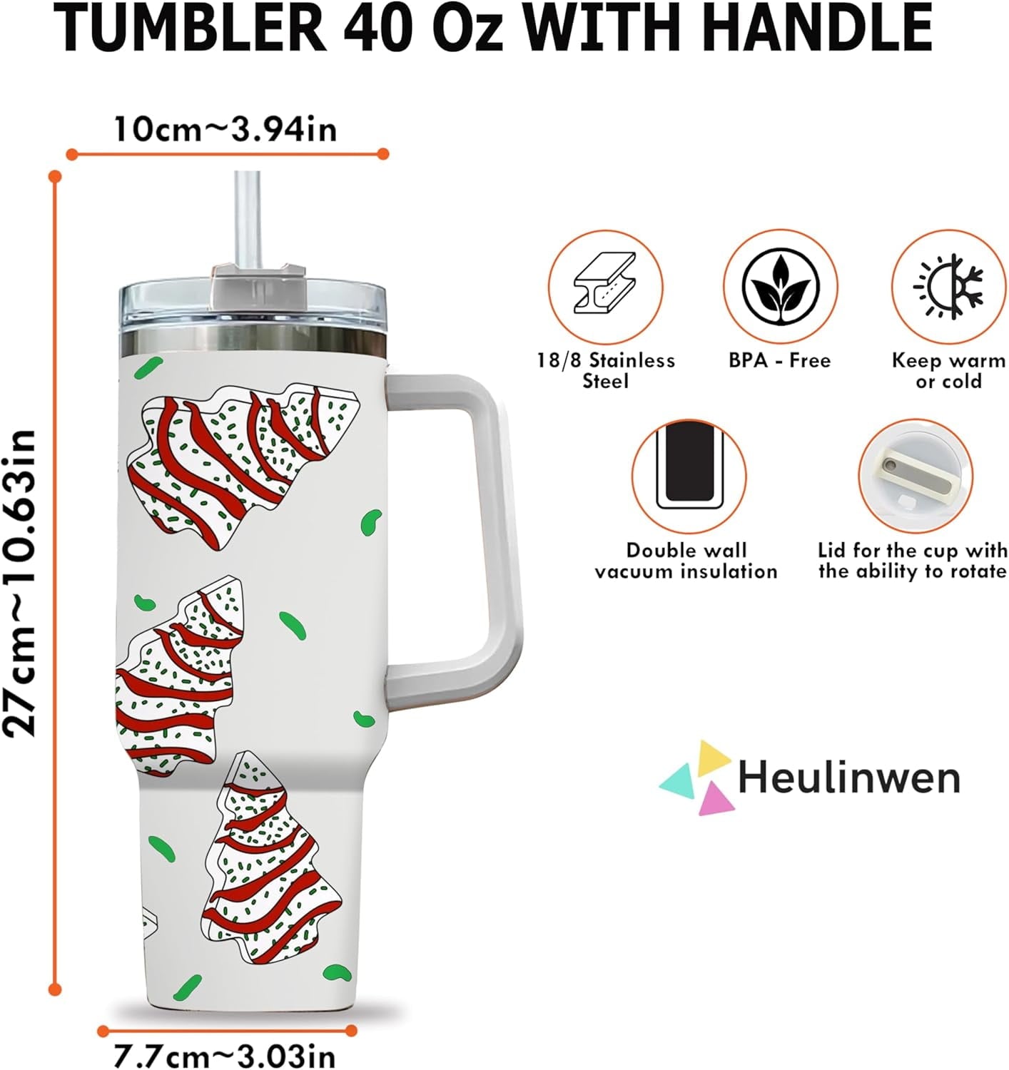 Christmas Tree Cakes Tumbler Christmas Gifts for Women - Christmas 40 oz White Tumbler with Handle and Straw - Stainless Steel Insulated Travel Tumbler - Merry Christmas Holiday Coffee Mug