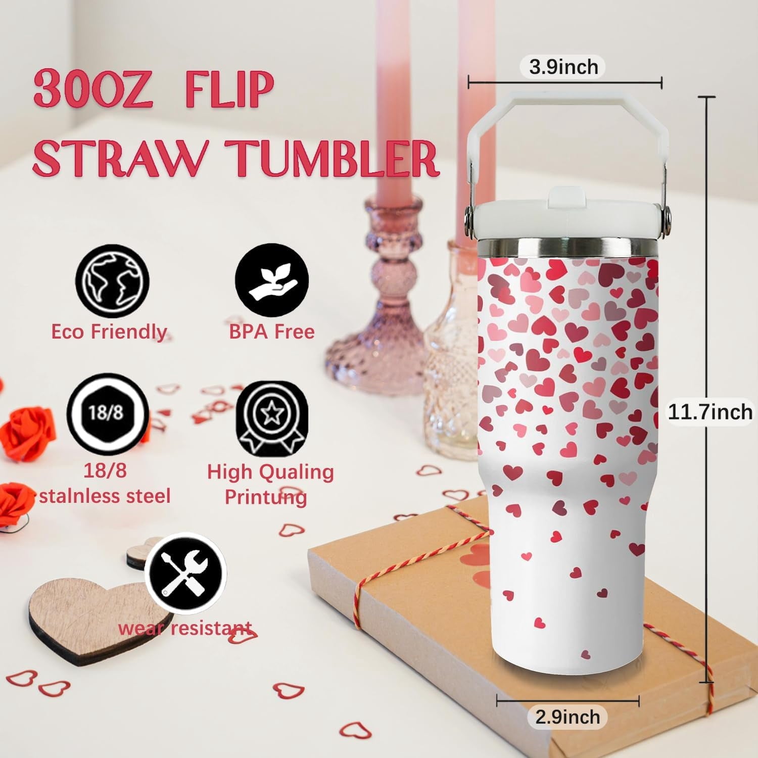 30oz Valentines Tumbler with Handle and Straw, Valentine Insulated Tumbler, Leak Proof Travel Coffee Mug, Reusable Stainless Steel Heart Tumbler, Valentines Gifts for Her
