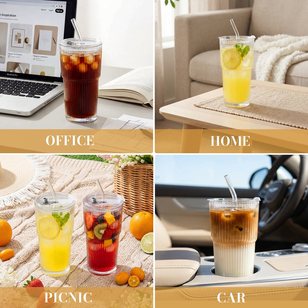 2 Pack Ribbed Glass Tumblers with Lids and Straws, 20oz Vintage Iced Coffee Cups, Clear Drinking Glasses