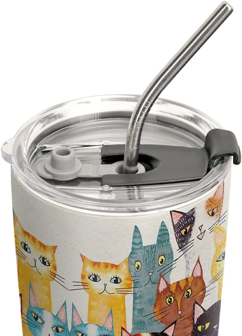 20oz Cat Gifts for Cat Lovers, Cat Gifts for Women, Cat Mom Gifts for Women, Birthday Gifts, Valentines Day Gifts for Her Colorful Drawing Cat Tumbler Cup, Insulated Travel Coffee Mug with Lid